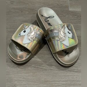 Sam Edelman Girls Sz 2 Mackie Magic Metallic Unicorn Slides Shimmer Sandals